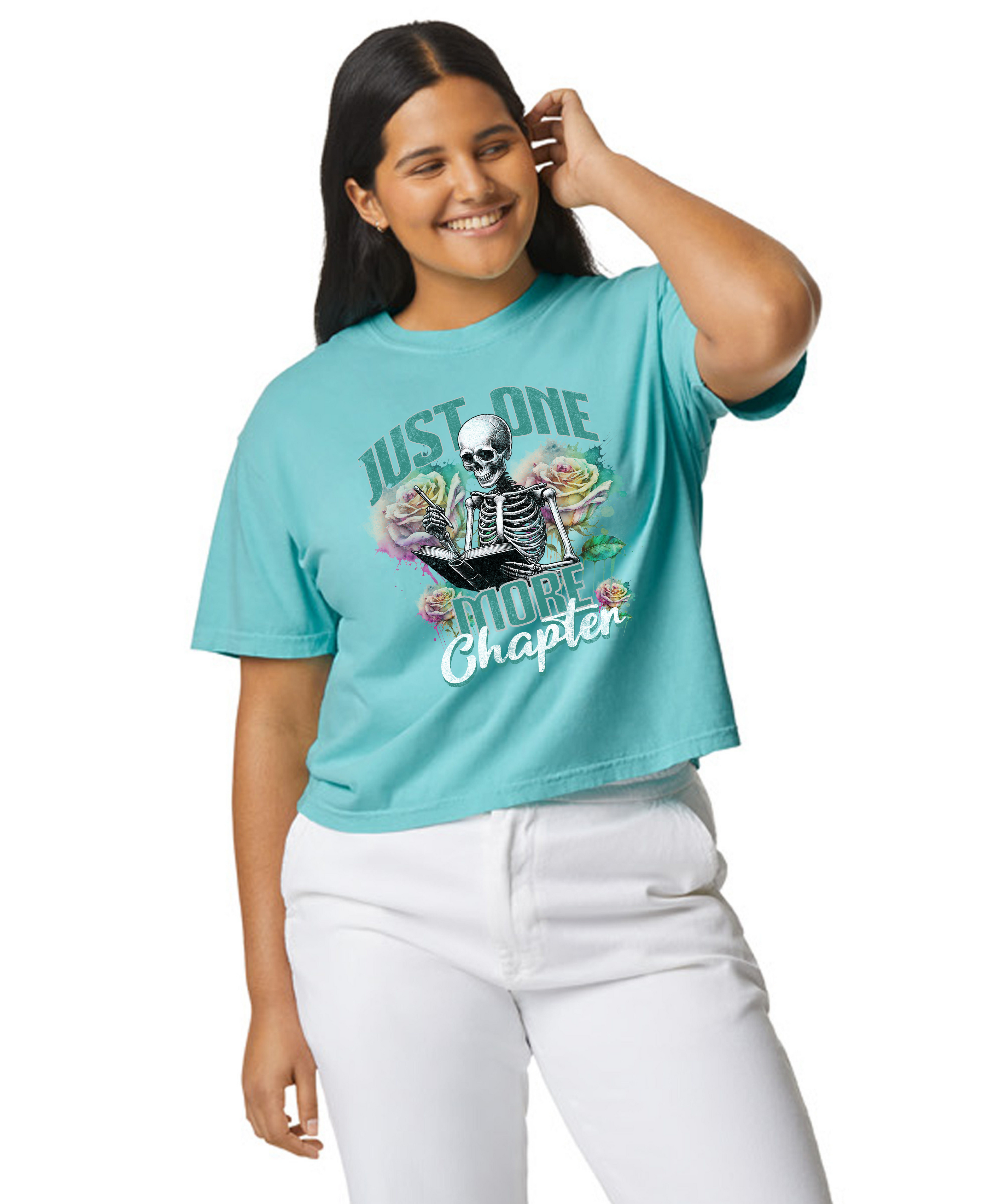 Just one more chapter shirt a bookish T-shirt from Comfort Colors featuring a short thorn of glass bookworm design