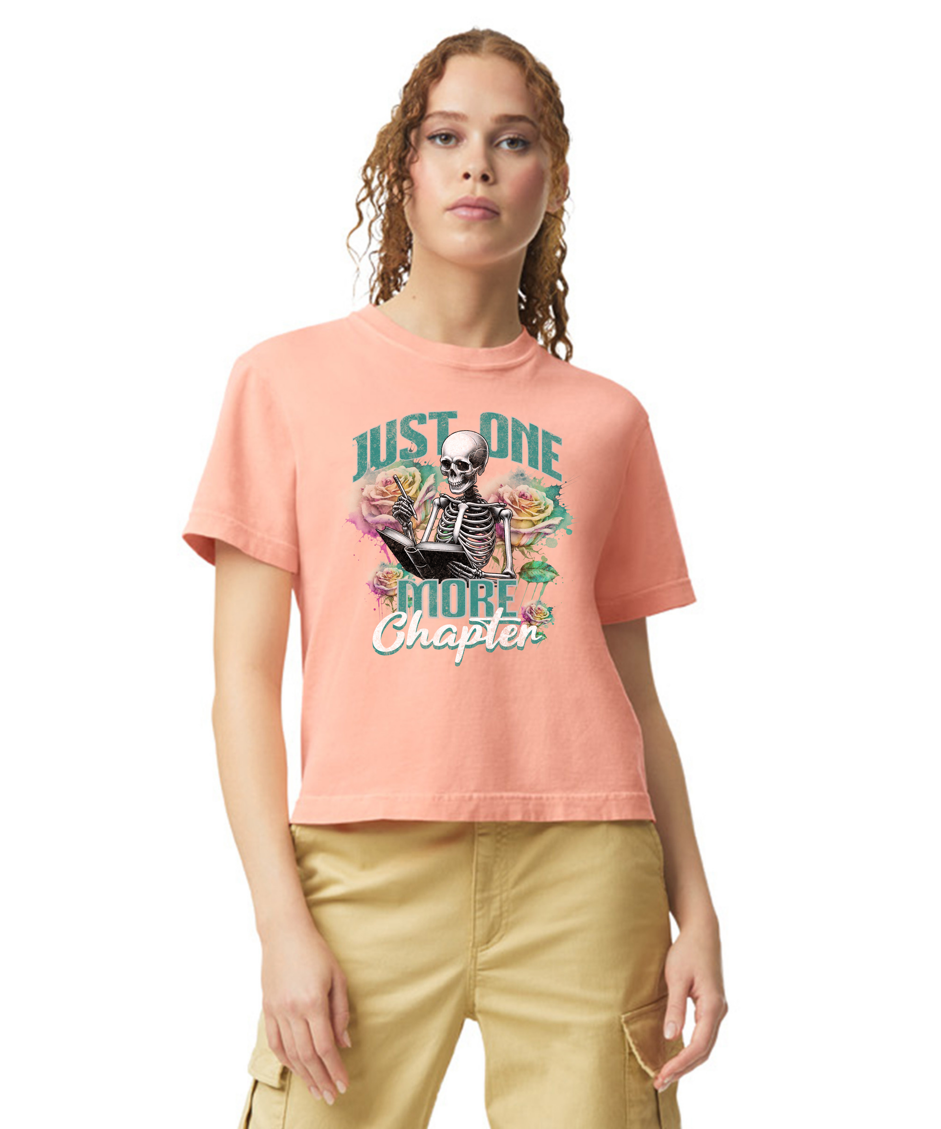 Just one more chapter shirt a bookish T-shirt from Comfort Colors featuring a short thorn of glass bookworm design