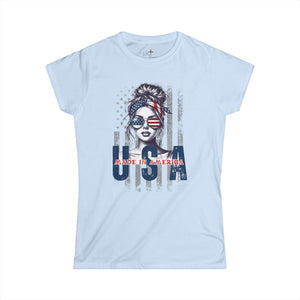 USA American girl messy bun T-Shirt soft style