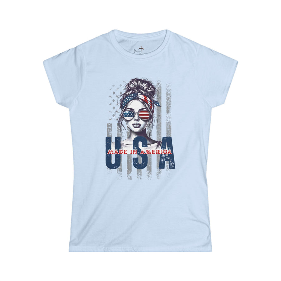 USA American girl messy bun T-Shirt soft style