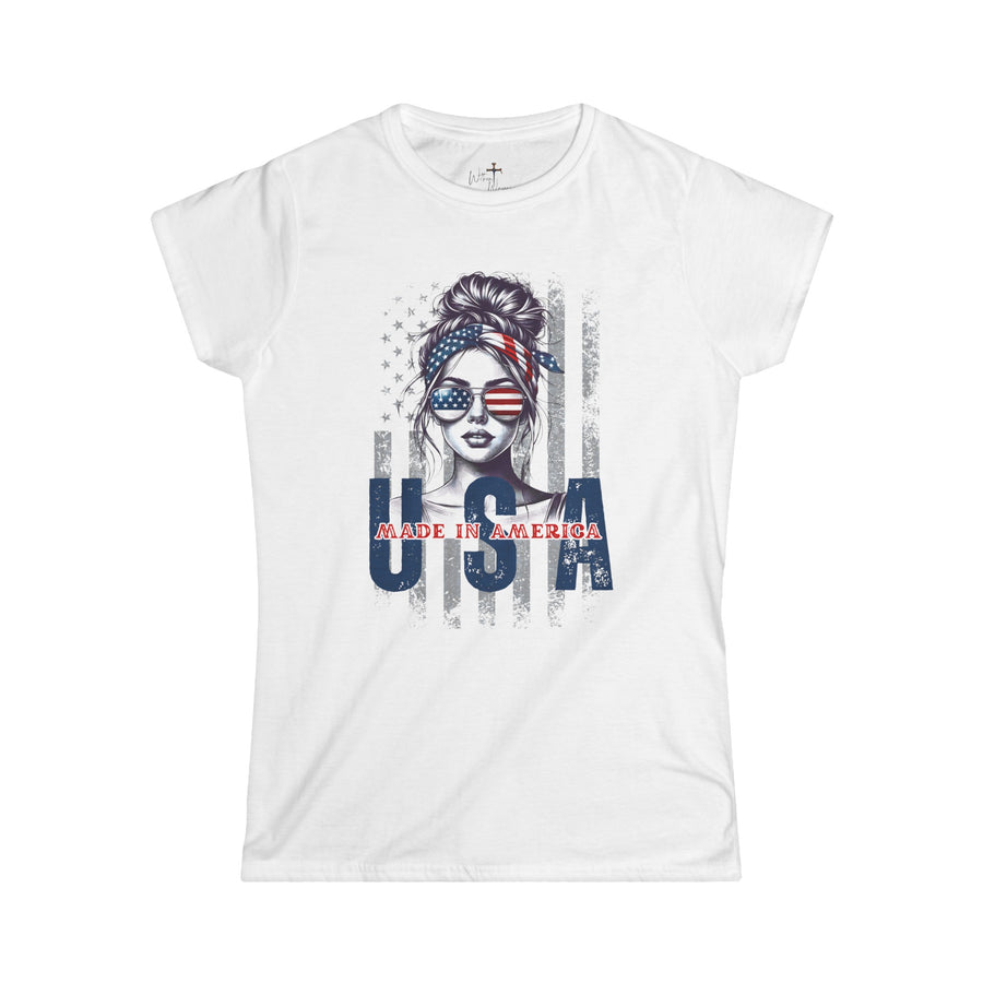 USA American girl messy bun T-Shirt soft style