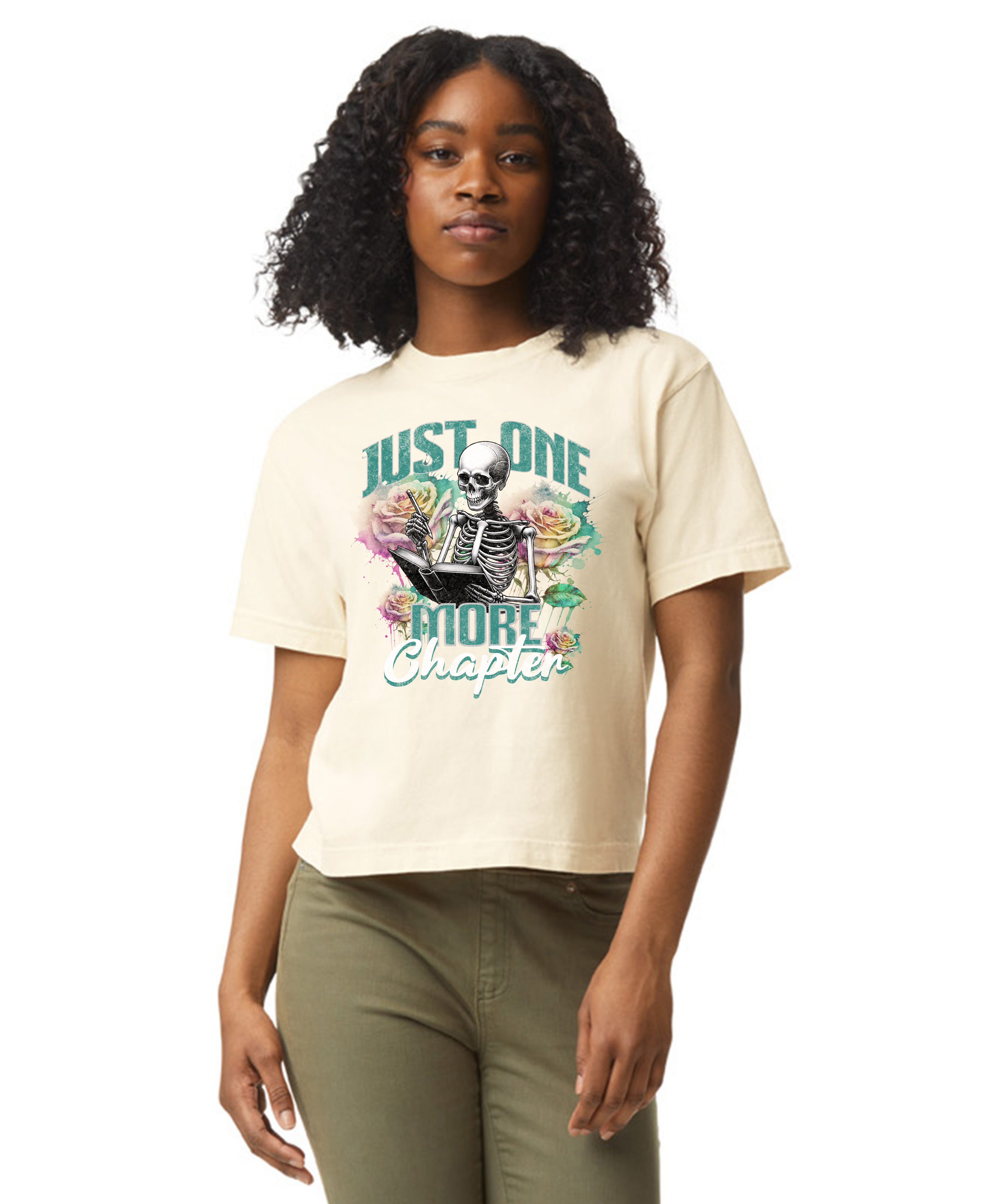 Just one more chapter shirt a bookish T-shirt from Comfort Colors featuring a short thorn of glass bookworm design