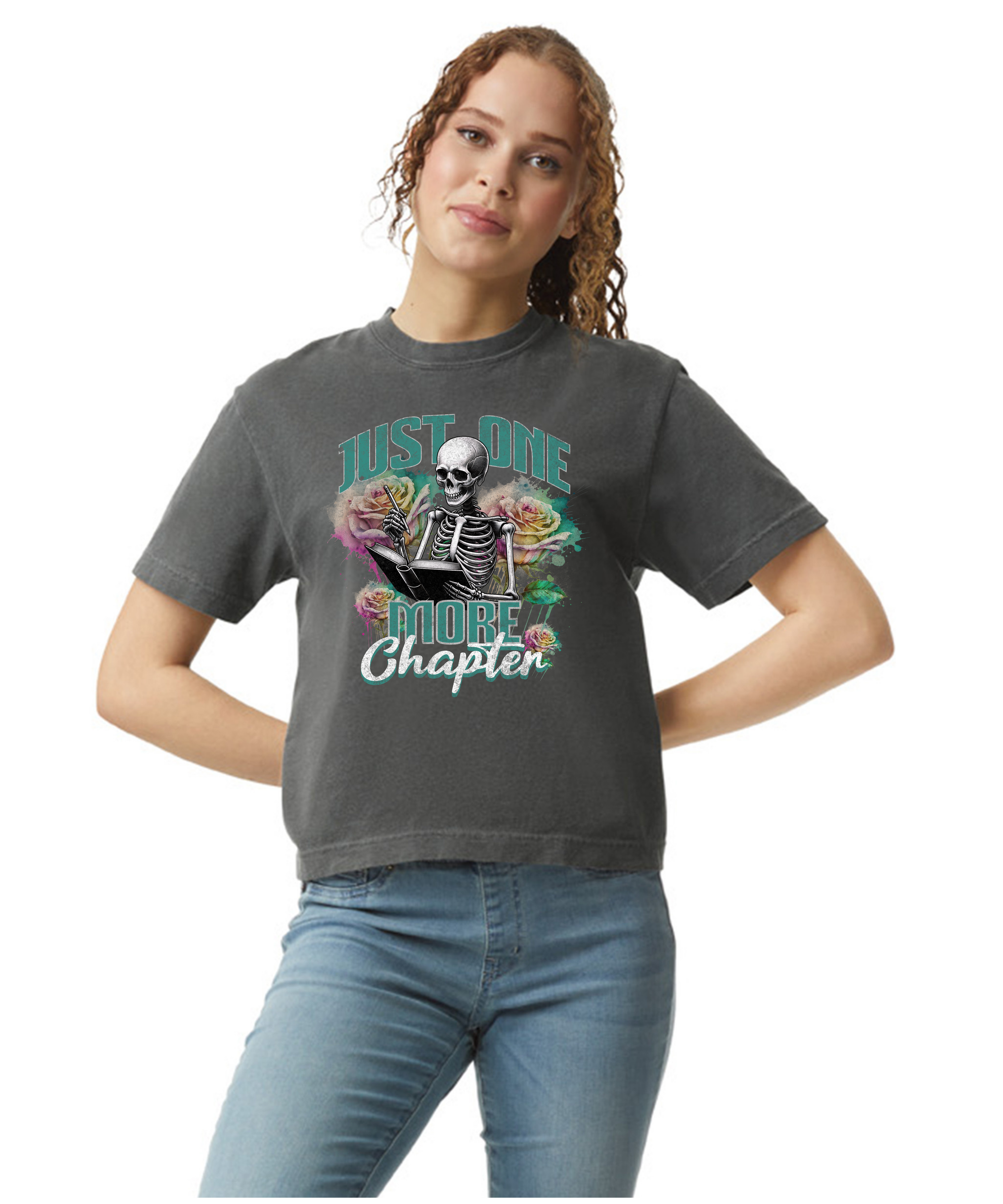 Just one more chapter shirt a bookish T-shirt from Comfort Colors featuring a short thorn of glass bookworm design