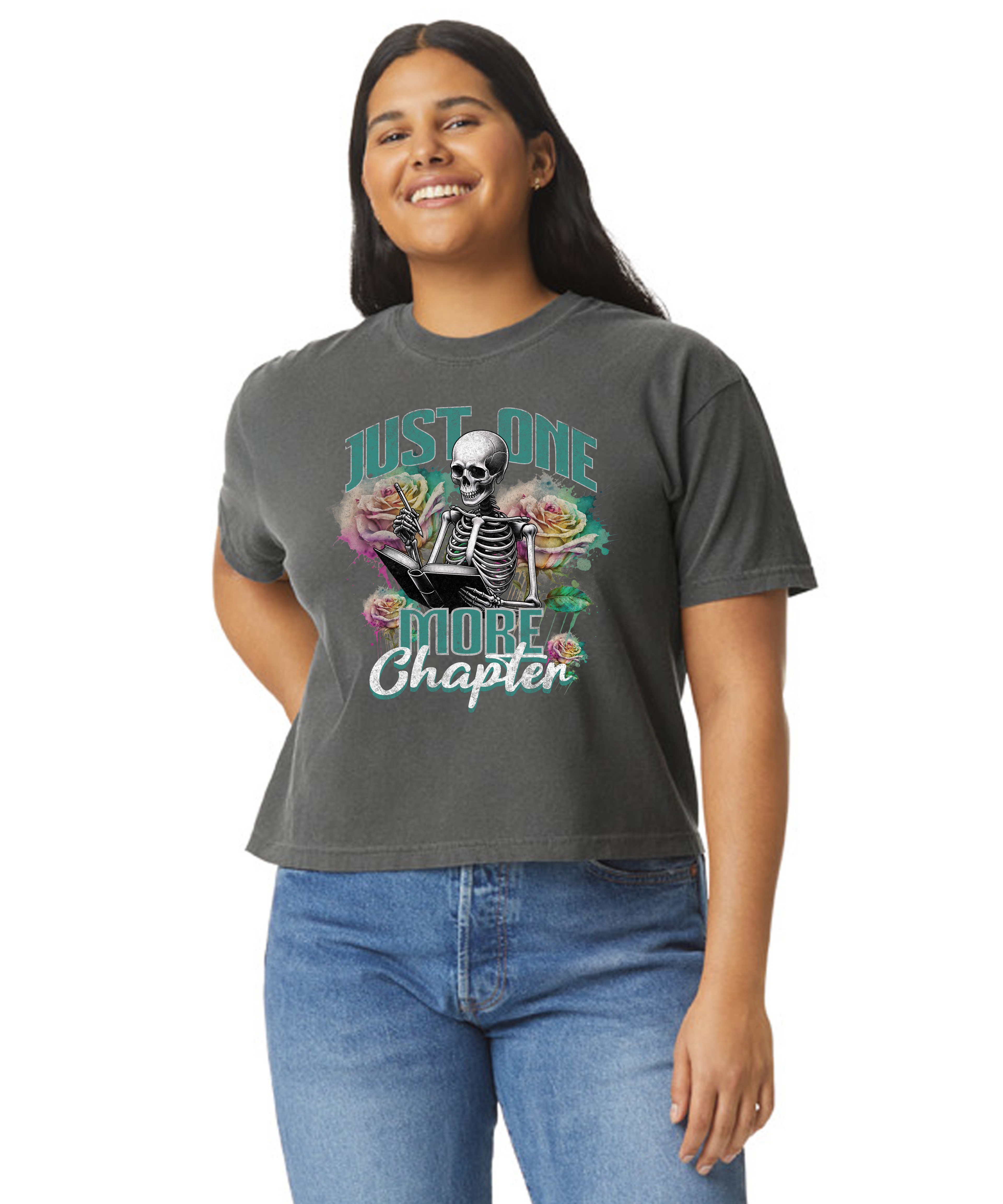 Just one more chapter shirt a bookish T-shirt from Comfort Colors featuring a short thorn of glass bookworm design