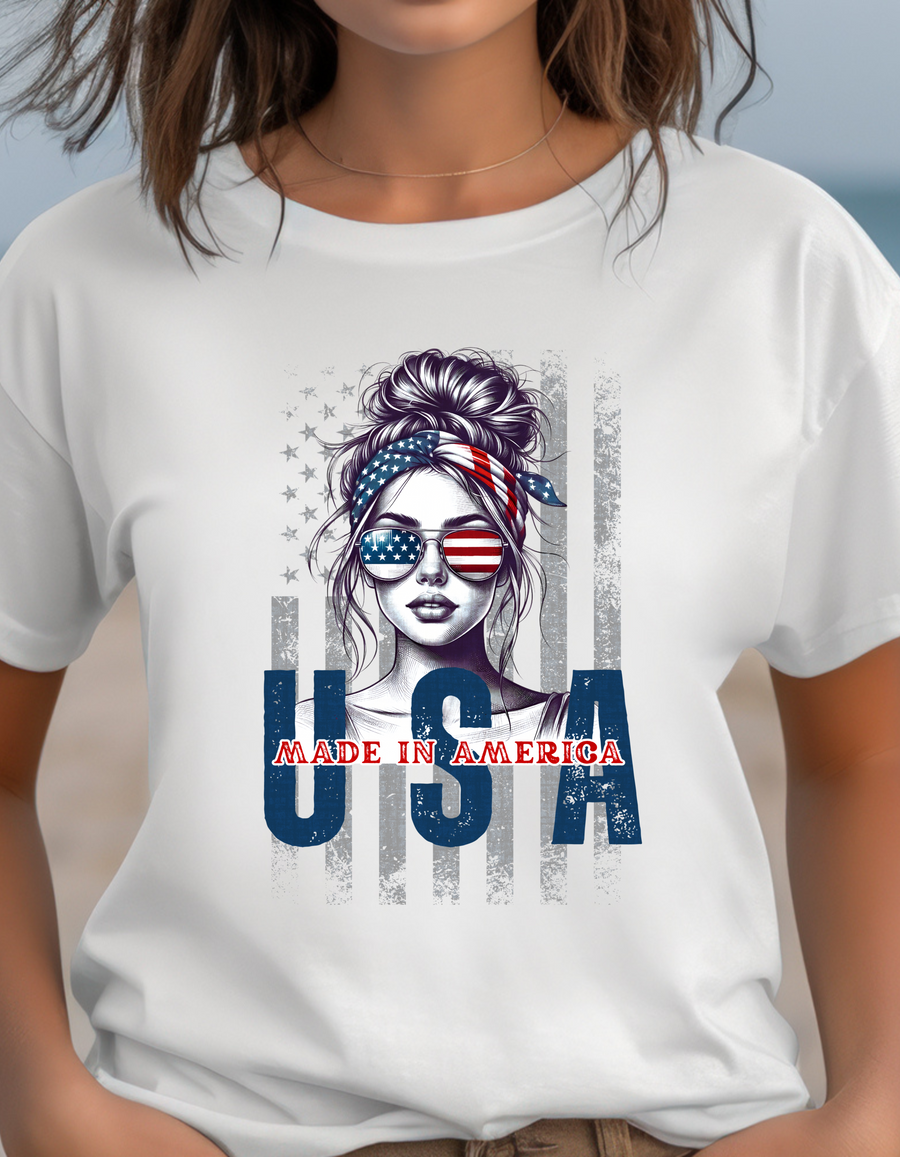 American girl messy bun American flag USA soft style T-Shirt