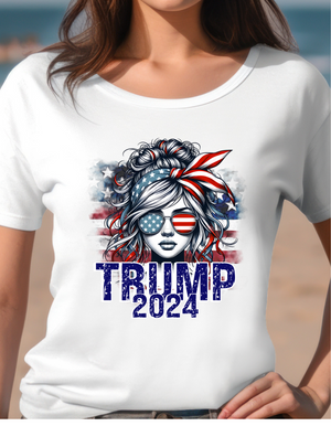 2024 American woman messy bun American sunglasses t-shirt